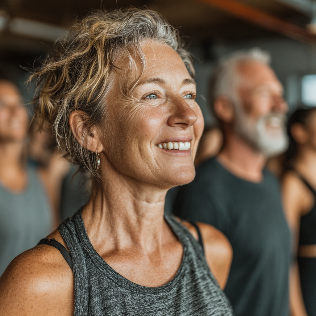Group of mature adults in their 40s and 50s participating in guided fitness session, smiling and exercising together in bright, welcoming studio environment with professional instructor