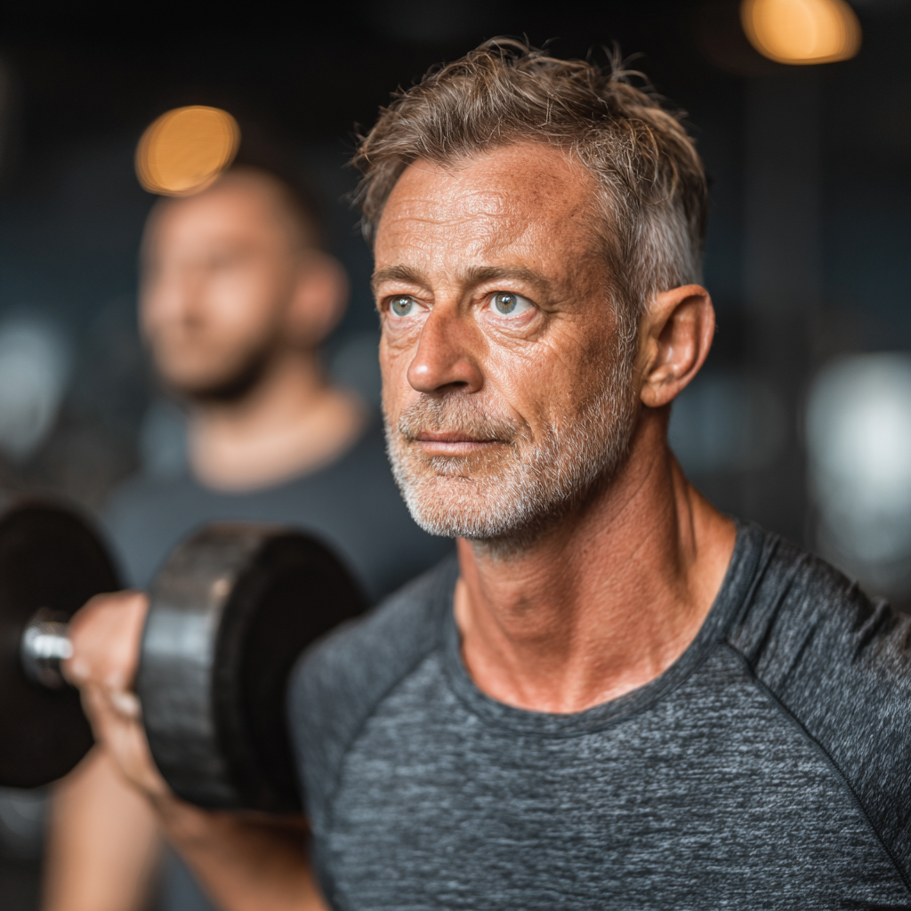 Middle-aged fitness trainer in his 50s demonstrating proper form during strength training exercise in modern gym facility, showing professional guidance for mature adults seeking fitness improvement